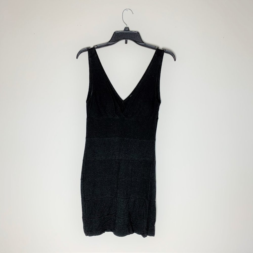 Womens Black Sheath Bandage Mini Dress V-Neckline